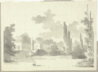 Ansicht des Parks von Versailles: Treppe zur Terrasse mit Tempel und Säule von Pierre Antoine Mongin