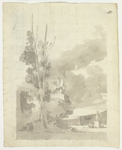 Blick auf den Park von Versailles: Terrasse, Bäume und Reiterstatue von Pierre Antoine Mongin