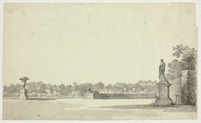Blick auf den Park von Versailles: Terrasse mit Urne, Sphinx und weiblicher Statue von Pierre Antoine Mongin