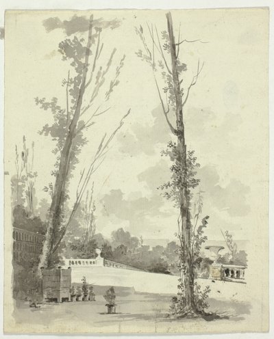 Blick auf den Park von Versailles: Zwei Pappeln mit balustriertem Weg im Hintergrund von Pierre Antoine Mongin