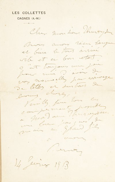 Autographenbrief an Dr. Fritz Thurneyssen, Paris und Les Collettes, 24. Juni 1908 von Pierre Auguste Renoir