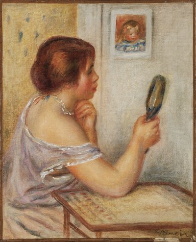 Gabrielle hält einen Spiegel oder Marie Dupuis hält einen Spiegel mit einem Porträt von Coco, frühe 1900er Jahre von Pierre Auguste Renoir