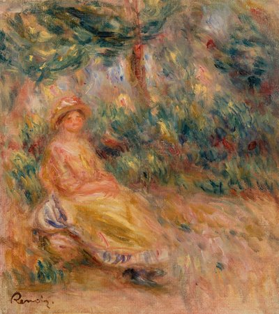 Frau in Rosa und Gelb in einer Landschaft von Pierre Auguste Renoir