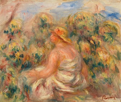 Frau mit Hut in einer Landschaft von Pierre Auguste Renoir