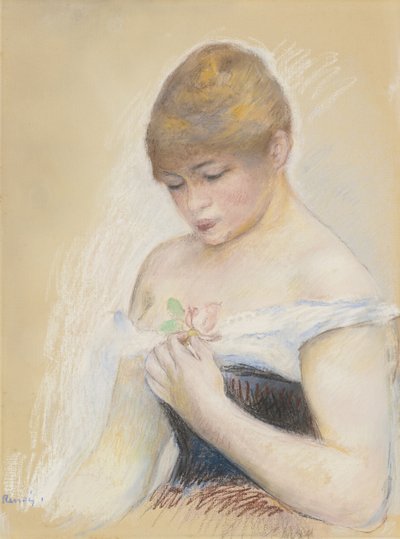 Junge Frau mit einer Blume. Porträt der Schauspielerin Jeanne Samary, um 1880 von Pierre Auguste Renoir