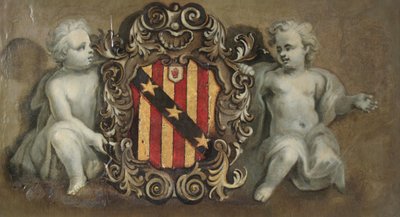 Zwei Putti, die ein Wappen mit den Elton-Armen tragen, ca. 1710-20 von Pierre Berchet