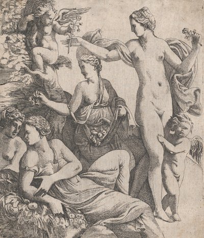 Venus, stehend mit den drei Grazien, wird eine Blume von einem Putto angeboten, 1607-61 von Pierre Biard
