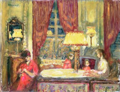 Innenraum bei Lampenlicht mit Figuren von Pierre Bonnard