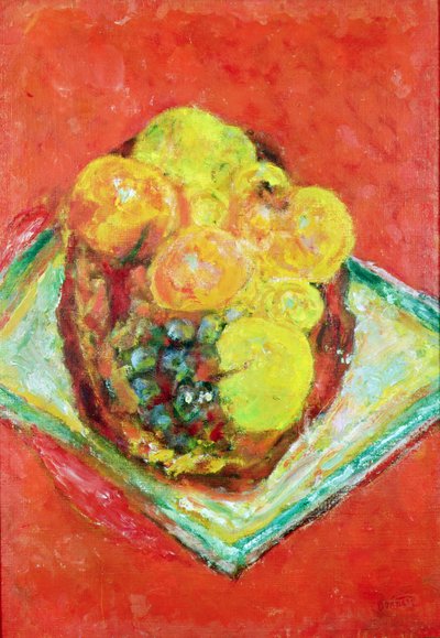 Pfirsiche und Trauben auf einem roten Tischtuch, um 1943 von Pierre Bonnard