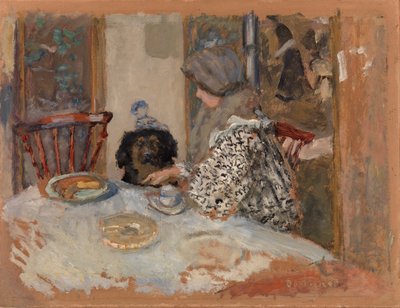 Frau mit Hund, oder Frau und Hund am Tisch von Pierre Bonnard