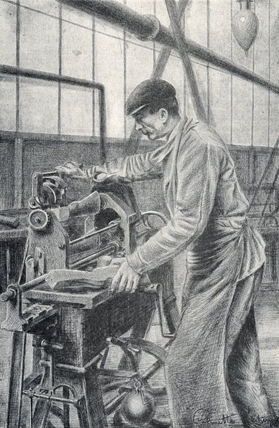 Schneiden von Gewehrkolben in einer Waffenfabrik, Gravur von Pierre Calmette, Privatsammlung von Pierre Calmettes
