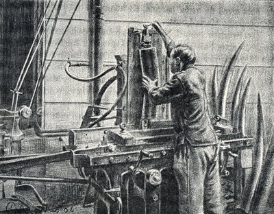 Elfenbeinschnitzer schneidet Elefantenstoßzähne, Gravur aus "Exkursion durch die Berufe" von Pierre Calmette, Privatsammlung von Pierre Calmettes