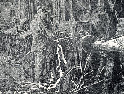 Lederindustrie: Mechanisches Mähen von Fellen, Gravur aus "Exkursion durch die Berufe" von Pierre Calmette, Privatsammlung von Pierre Calmettes