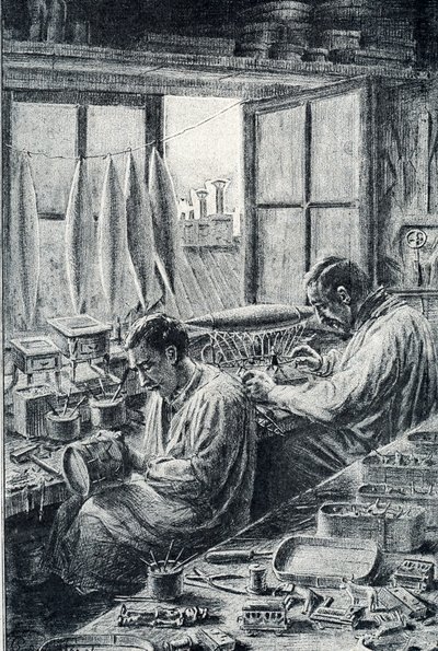Pariser Arbeiter bei der Spielzeugherstellung. Gravur von Pierre Calmette. Private Sammlung von Pierre Calmettes