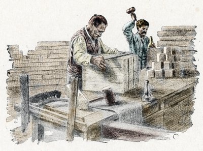 Savonnerie: das Schneiden der Seifenblöcke. Gravur aus „Excursion à travers les métiers“ von Pierre Calmette, Privatsammlung von Pierre Calmettes