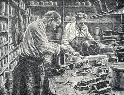 Seidenzylinder-Herstellung. Gravur von Pierre Calmette. Private Sammlung von Pierre Calmettes