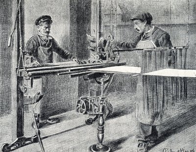 Seidenwerkstatt: Vorbereitung der Kette am Faltbrett (Seidenarbeit), Gravur aus "Excursion à travers les métiers" von Pierre Calmette, Privatsammlung von Pierre Calmettes