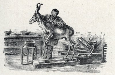 Präparation: Ein Präparator stopft ein Hartebeest in seiner Werkstatt, Gravur aus "Exkursion durch die Berufe" von Pierre Calmette, Privatsammlung von Pierre Calmettes