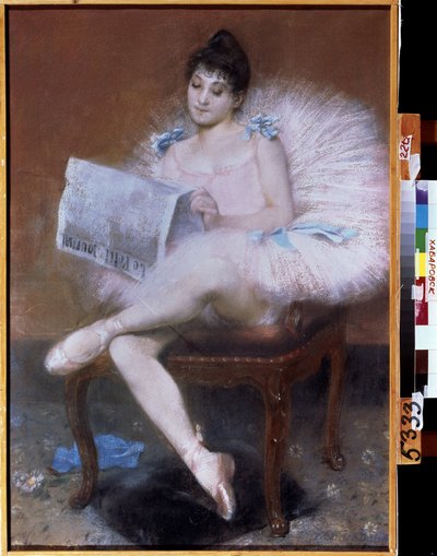 Sitzende Balletttänzerin. Ballerina im Tutu liest "die kleine Zeitung" von Pierre Carrier Belleuse