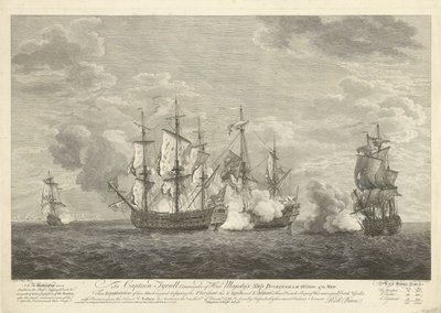 Angriff eines englischen Schiffes auf drei französische Schiffe bei Sint Eustatius, 1758 von Pierre Charles Canot