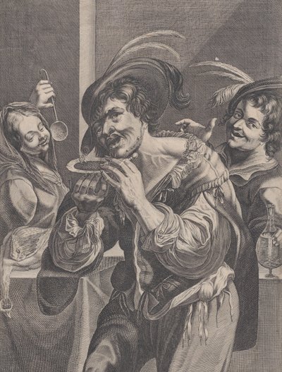 Mann isst Suppe, während zwei Personen ihm zuschauen, 1624-75 von Pierre Daret