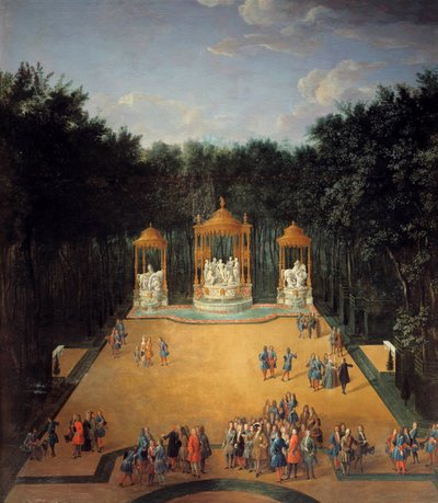 Ansicht des Hains der Bäder des Apollon in den Gärten von Versailles im Jahr 1713, im Vordergrund Ludwig XIV. (1638-1715) von Pierre Denis Martin