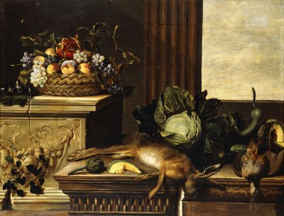 Obst in einem Weidenkorb mit Feigen auf einem Sockel, erlegtes Wild, ein Kohl, eine Melone, ein Kürbis und eine Artischocke auf einem steinernen Sims, ein Fenster dahinter von Pierre Dupuis