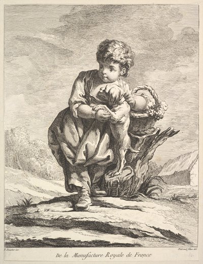 Kind mit einem Hund, hält einen Korb mit Trauben, aus Premier Livre de Figures daprès les po..., 1757 von Pierre Etienne Falconet