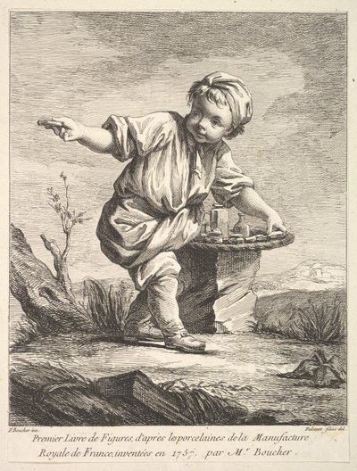 Frontispiz mit kleinem Jungen, der einen Korb hält, aus Premier Livre de Figures daprès les po..., 1757 von Pierre Etienne Falconet