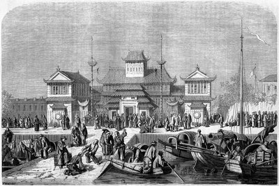 Zollansicht im Hafen von Shanghai im Jahr 1860, China. Gravur von Grandsire, in „Le Tour du Monde, Nouveau journal des Voyages“, herausgegeben von Edouard Charton, Paris von Pierre Eugene Grandsire