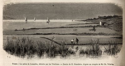 Die Saline von Lusandra, in der Nähe von Triest, zerstört von den Venezianern, die sie als gefährliche Konkurrenz zum Monopol betrachteten, das sie in der Adria ausübten, Gravur von E. Grandsire zur Illustration der Reise nach Istrien und Dalmatien 1874 vo von Pierre Eugene Grandsire