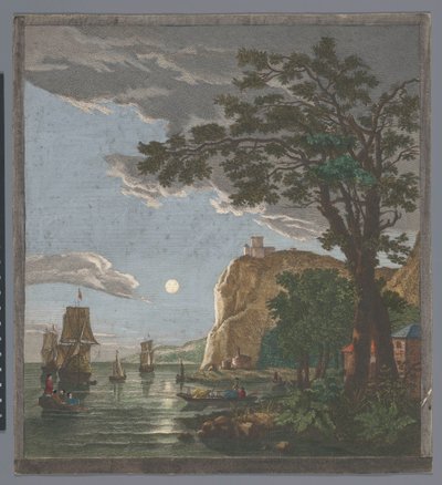 Ansicht einer Küste mit Schiffen und Booten auf dem Wasser bei Mondlicht von Pierre François Basan