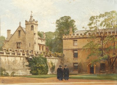 Die Grammatikhalle vom St. Johns Quadrangle im Jahr 1881: Präsident Bulley in der Lodgings Drive und zwei andere, 1881 von Pierre François Joseph Tonneau