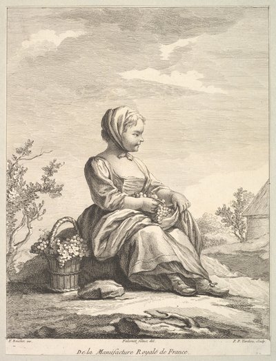 Kleines Mädchen, das Trauben hält, mit einem Korb davon an ihrer Seite, aus Deuxième Livre de..., nach 1757 von Pierre François Tardieu