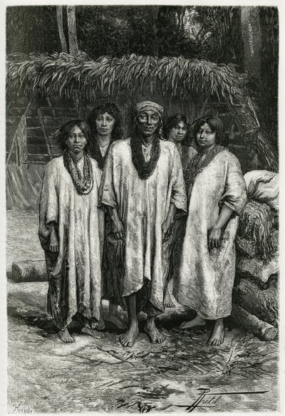 Häuptling Lacandon und Lacandon-Typen, Maya-Volk, das in den Dschungeln von Chiapas (Mexiko) lebt. Gravur von P. Fritel, zur Illustration der Geschichte „Reise nach Yucatan und das Land der Lacandons“, 1882, von Désiré Charnay (1828-1915), Archäologe und F von Pierre Fritel