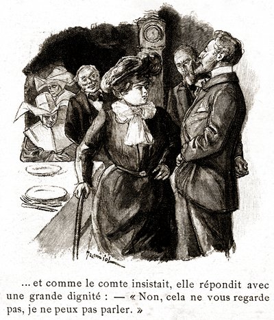"Boule de Suif": Elisabeth Rousset weigert sich, dem Grafen zu antworten, Anfang 20. Jahrhundert (Illustration) von Pierre Georges Jeanniot