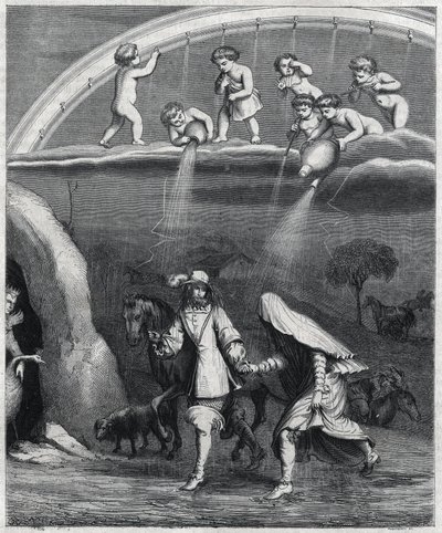 Enee und Didon vom Regen im Wald überrascht. Illustration aus „Virgil travesti“ von Paul Scarron (1610-1660), eine Parodie der „Aeneis“. Gravur von Staal. von Pierre Gustave Eugene Staal