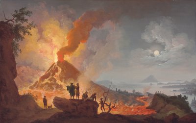 Der Vesuv bricht nachts aus, gesehen vom Atrio del Cavallo mit Zuschauern im Vordergrund, ein Panoramablick auf die Stadt und die Bucht von Neapel dahinter von Pierre Jacques Volaire