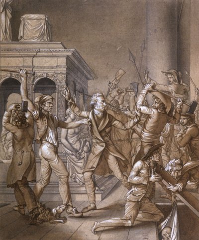 Alexandre Lenoir widersetzt sich den Revolutionären, als sie das Grab des französischen Königs Ludwig XII. in der königlichen Basilika Saint Denis 1793 zerstören wollen, zur Zeit der Französischen Revolution von Pierre Joseph Lafontaine