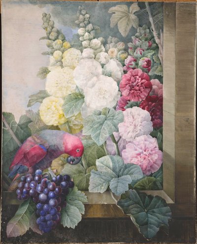 Stockrosen, Trauben und ein Papagei, 1836 von Pierre Joseph Redouté