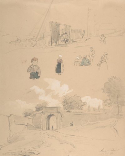 Studienblatt mit Figuren und Landschaften bei Arnemuiden in der Nähe von Middelburg..., Mitte des 19. Jahrhunderts von Pierre Louis Dubourcq