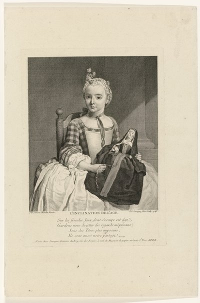 Mädchen mit Puppe als Nonne gekleidet von Pierre Louis Surugue