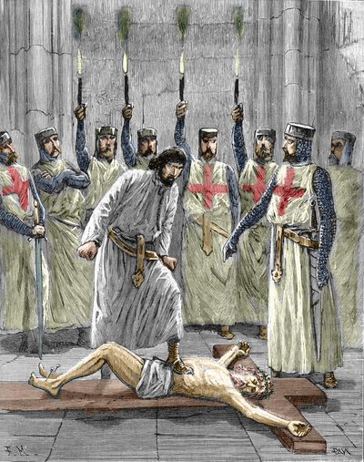 Häresie der Templer: Darstellung einer Zeremonie des Eintritts eines Ritters in den Orden des Tempels, wobei der Templer, gemäß den nach ihrer Verhaftung und ihrem Prozess im Jahr 1307 veröffentlichten Geständnissen, gezwungen wurde, Christus zu verleugnen von Pierre Mejanel