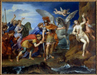 Perseus befreit Andromeda. Andromeda, an einen Felsen gekettet, wird von Perseus befreit und rettet das Meeresungeheuer. Gemälde von Pierre Mignard (1612-1695) 17. Jahrhundert von Pierre Mignard