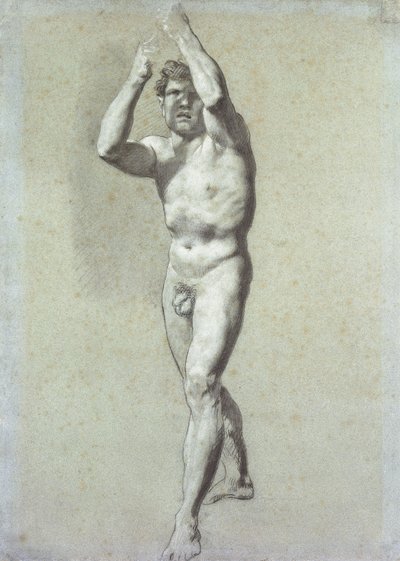 Studie eines Mannes, mit beiden Armen über dem Kopf erhoben, leicht nach links gedreht von Pierre Paul Prudhon
