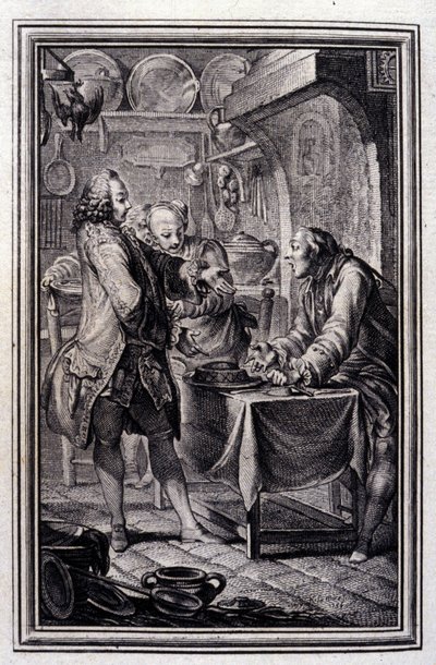 Aalpastete. In „Tales et nouvelles en vers“ von Jean La Fontaine. 1776. Illustration von P.P. Choffard von Pierre Philippe Choffard