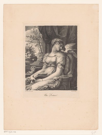 Sitzende Frau mit Buch und weißem Vogel von Pierre Prud