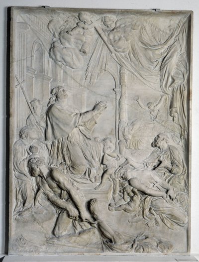 Flachrelief der Pest von Mailand - Heiliger Karl Borromäus (San Carlo Borromeo) (1538-1584, Kardinal und Erzbischof von Mailand) beim Beten (Marmor) von Pierre Puget