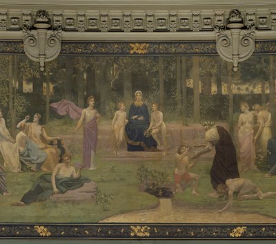 Der Heilige Wald, Wandgemälde im Großen Amphitheater, das allegorische Figuren der Sorbonne, Eloquenz, Poesie, Philosophie, Geschichte, Botanik, Geologie, Physik und Geometrie darstellt, 1887-89 (Detail) von Pierre Puvis de Chavannes