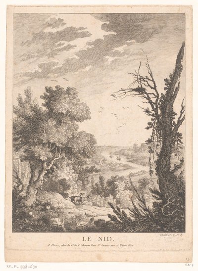 Landschaft mit Hirschen, Kaninchen und Vögeln und einem Fluss im Hintergrund von Pierre Quentin Chedel